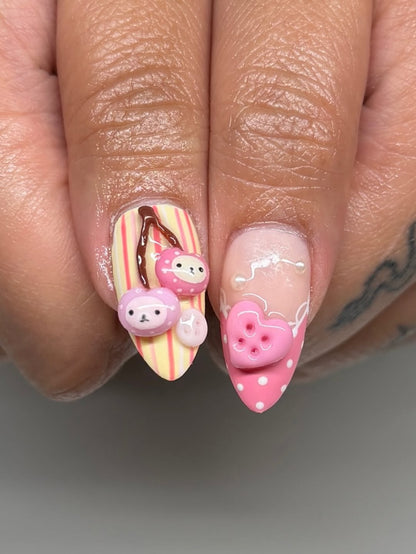 Pink Korilakkuma Picnic Press On Nails by Faithsfullsets | 3D Gingham & Heart Button Kawaii Nails | OA06LF