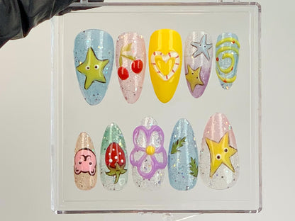 Colorful Kawaii Y2K Press On Nails | 3D Star And Cartoon Designs Acrylic Nails | Fun And Funky Y2K Press Ons |Sparkling Glitter Nails|HD588Y