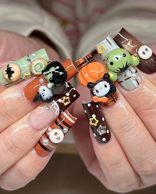 Spooky Cute Halloween 3D Sanrio Press On Nails by Faithsfullsets | Kawaii Witch Hello Kitty & Monster Nails | DF05L