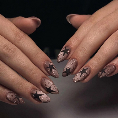 Black Star Y2K Press On Nails | Matte Water Nail Set | Soft Grunge Starcore Handmade False Nails | OB446U