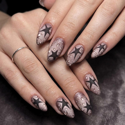 Black Star Y2K Press On Nails | Matte Water Nail Set | Soft Grunge Starcore Handmade False Nails | OB446U