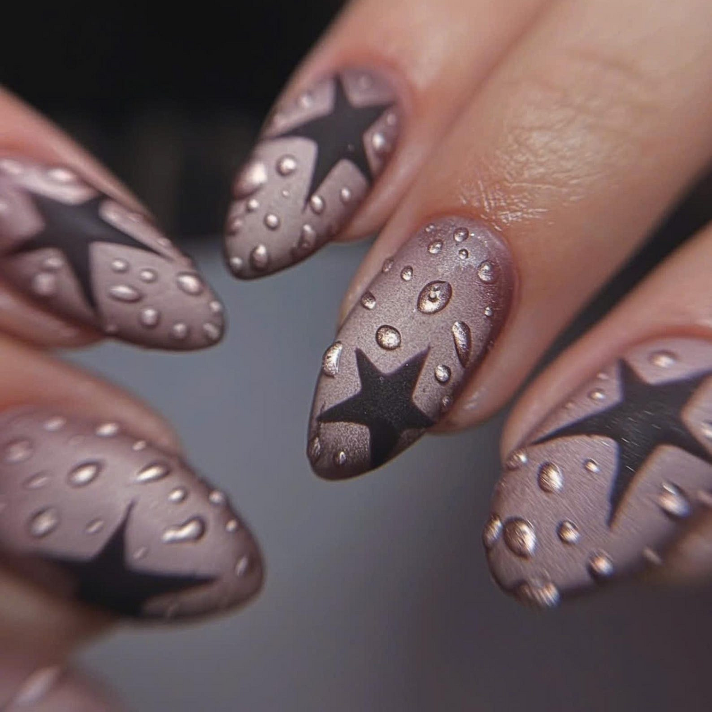 Black Star Y2K Press On Nails | Matte Water Nail Set | Soft Grunge Starcore Handmade False Nails | OB446U
