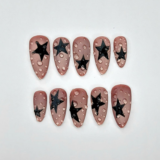 Black Star Y2K Press On Nails | Matte Water Nail Set | Soft Grunge Starcore Handmade False Nails | OB446U