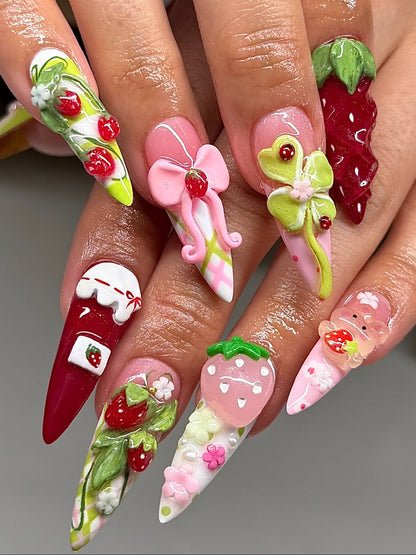 Strawberry Shortcake Summer Press On Nails by Faithsfullsets | 3D Fruit & Picnic Kawaii Nails | OA08LF