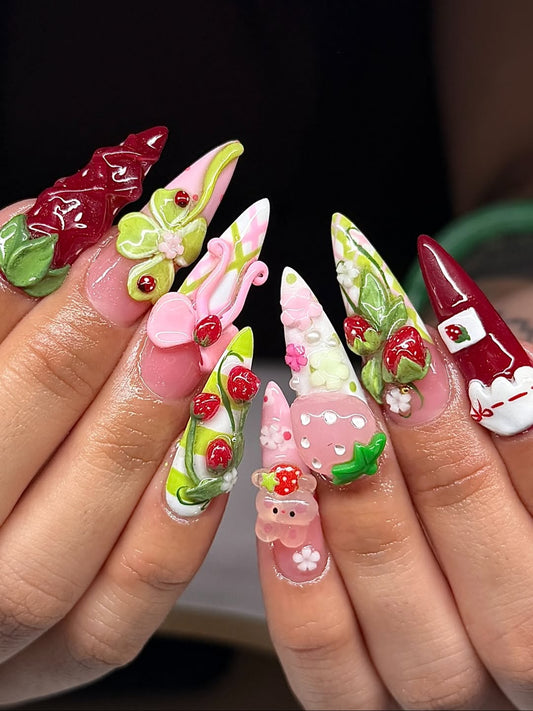 Strawberry Shortcake Summer Press On Nails by Faithsfullsets | 3D Fruit & Picnic Kawaii Nails | OA08LF