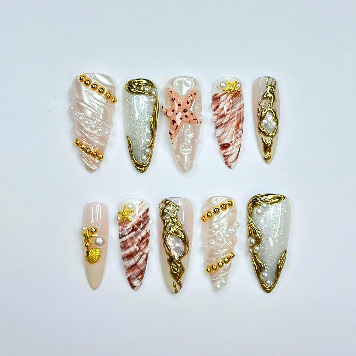Luxury Pearl Shell Press On Nails | Bridal Beach Nails | Gold Seashell Nail Set | White Nude Mermaid Press On Nails | OB444U