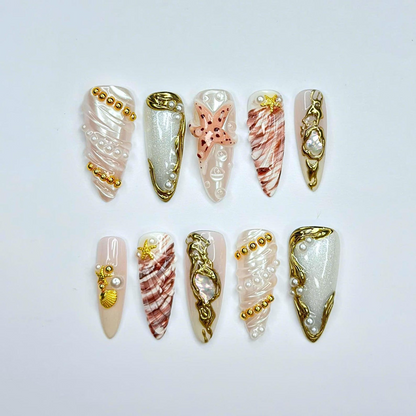 Luxury Pearl Shell Press On Nails | Bridal Beach Nails | Gold Seashell Nail Set | White Nude Mermaid Press On Nails | OB444U
