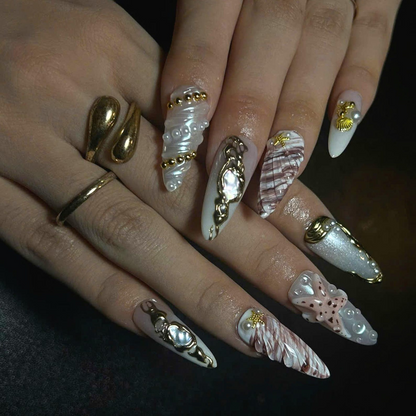 Luxury Pearl Shell Press On Nails | Bridal Beach Nails | Gold Seashell Nail Set | White Nude Mermaid Press On Nails | OB444U