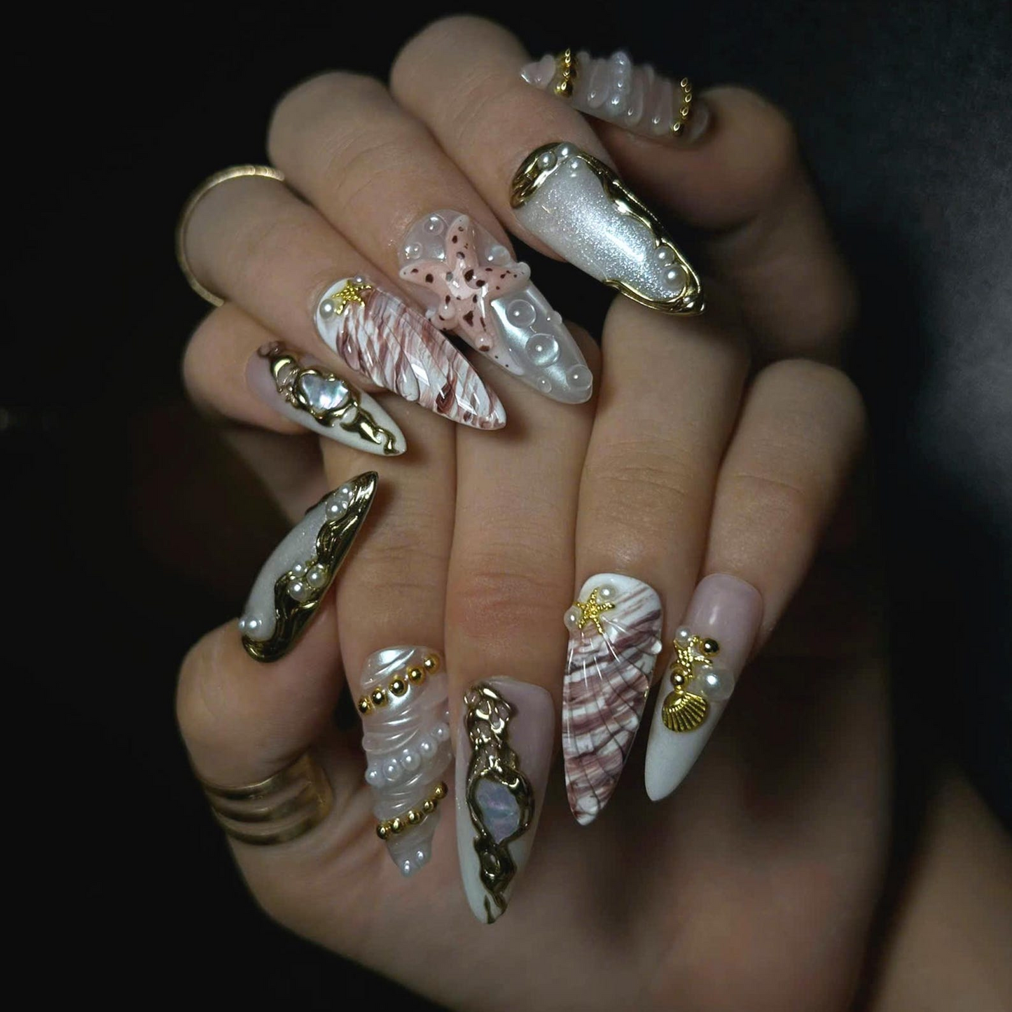 Luxury Pearl Shell Press On Nails | Bridal Beach Nails | Gold Seashell Nail Set | White Nude Mermaid Press On Nails | OB444U