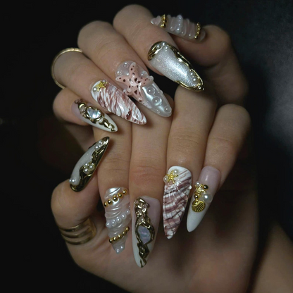 Luxury Pearl Shell Press On Nails | Bridal Beach Nails | Gold Seashell Nail Set | White Nude Mermaid Press On Nails | OB444U