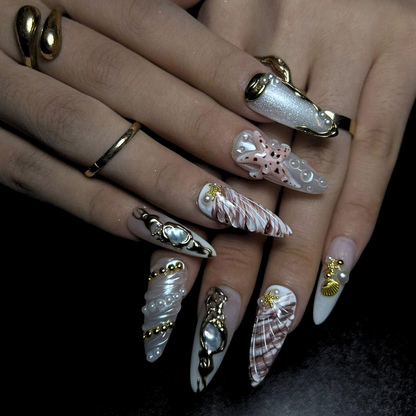 Luxury Pearl Shell Press On Nails | Bridal Beach Nails | Gold Seashell Nail Set | White Nude Mermaid Press On Nails | OB444U