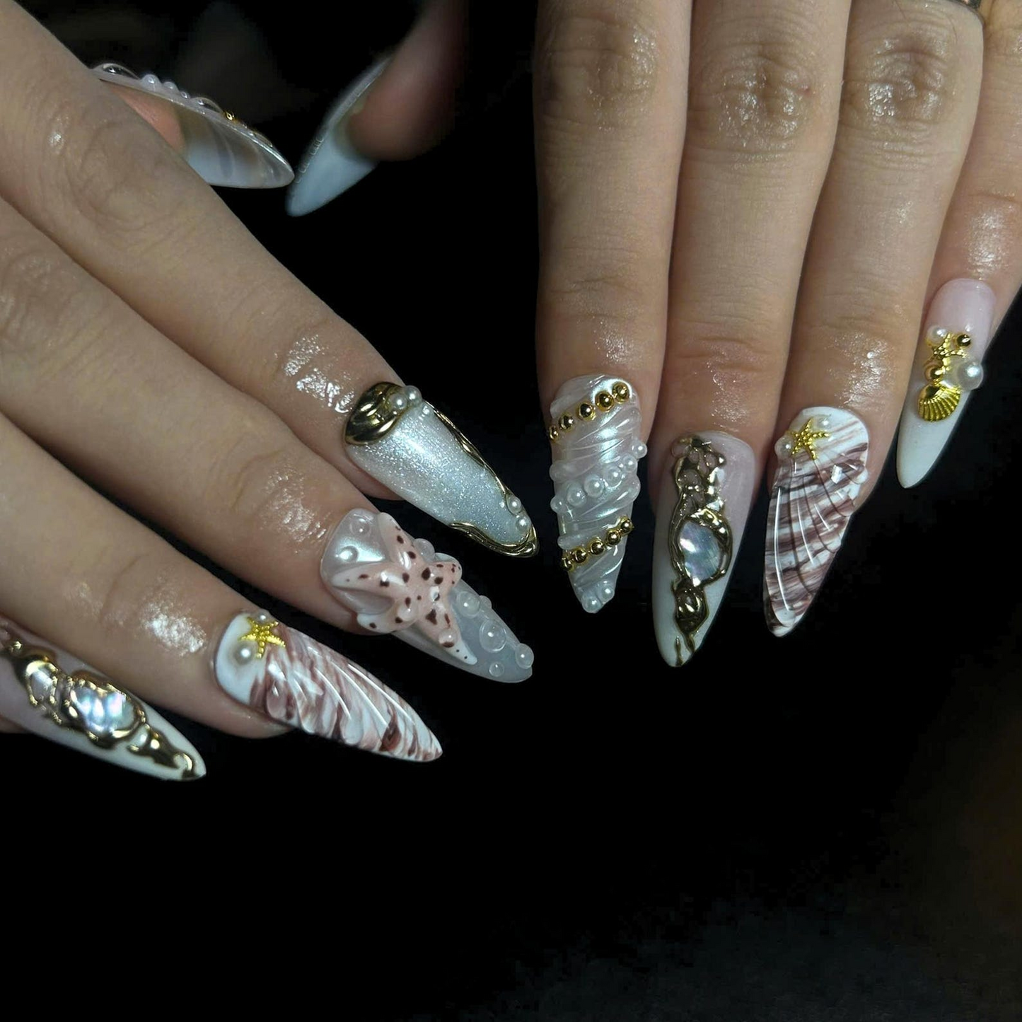 Luxury Pearl Shell Press On Nails | Bridal Beach Nails | Gold Seashell Nail Set | White Nude Mermaid Press On Nails | OB444U