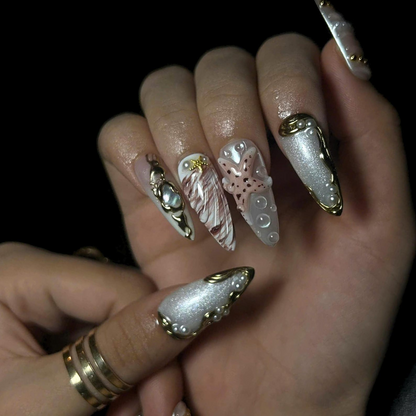 Luxury Pearl Shell Press On Nails | Bridal Beach Nails | Gold Seashell Nail Set | White Nude Mermaid Press On Nails | OB444U
