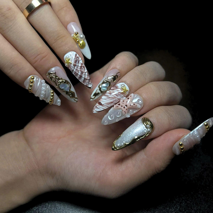 Luxury Pearl Shell Press On Nails | Bridal Beach Nails | Gold Seashell Nail Set | White Nude Mermaid Press On Nails | OB444U