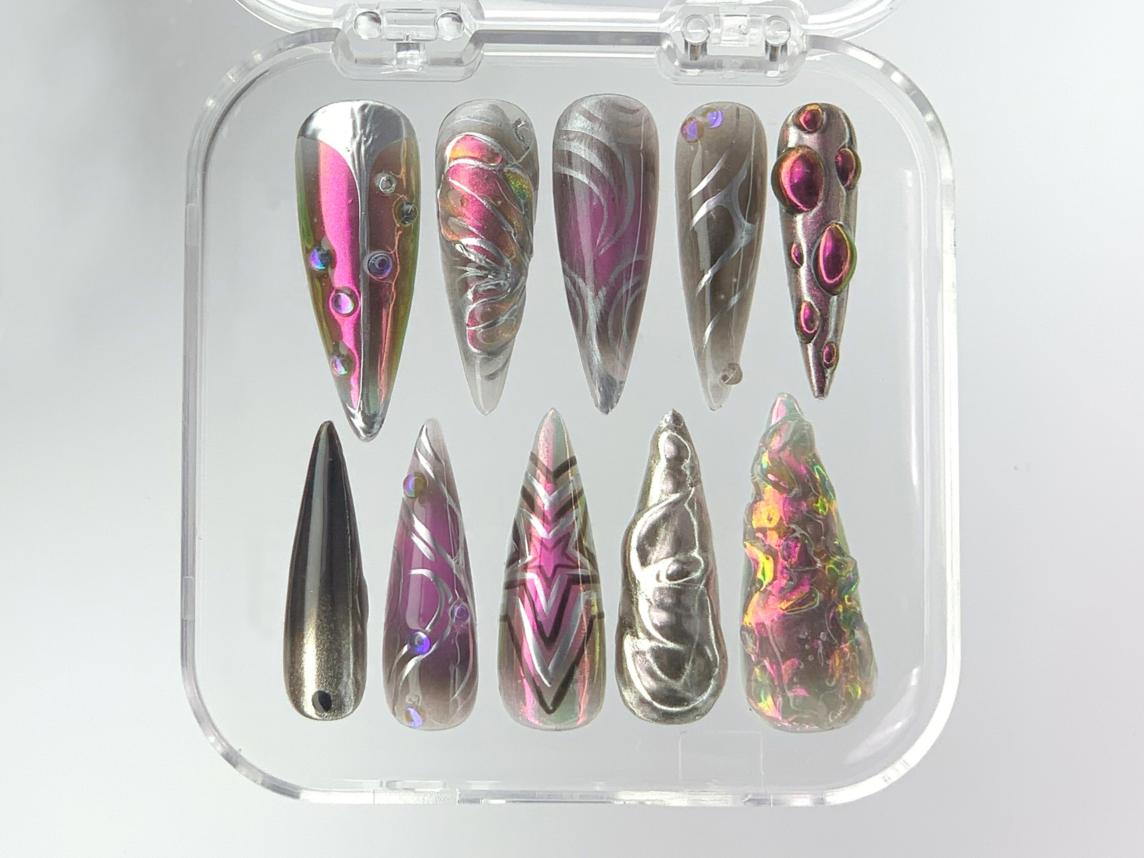 Press on nails liquid 2024 chrome 3d futuristic nails