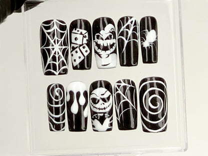 Spooky Halloween Press On Nails | Creepy Cute Nail Art | 3D Spider Web and Skull Acrylic Nails | Gothic-Inspried Fake Nails | Custom| HD562Y