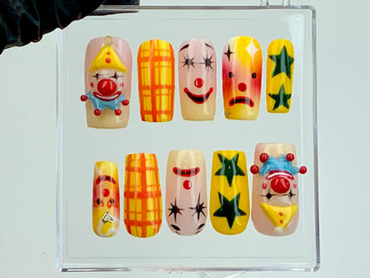 Quirky Clown Faces Press-On Nails | Hand-Painted Circus Nail Art | Fun and Colorful Press Ons | Unique Clown Fake Nails | Halloween | HD585Y