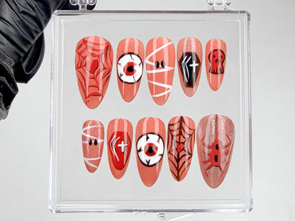 Spine-Chilling Halloween Press On Nails | Wicked Red Fake Nails | Terrifyingly Trendy Acrylic Nails | Blood-Red Horror Nail Art | HD563Y