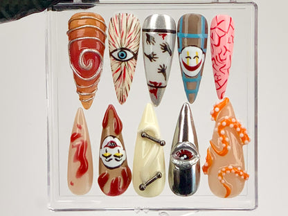 Haunted Carnival Halloween Press On Nails | Spooky Horror Nail Art | Horror-Themed Press Ons | Clown, Tentacle And Eye Fake Nails | HD580Y