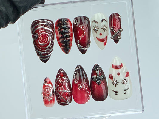 Red Gothic Clown Press-On Nails | Horror Clown Acrylic Nails | Spooky Y2K Halloween Nail Art | 3D Gothic Fake Nails | Unique Design | HD587Y