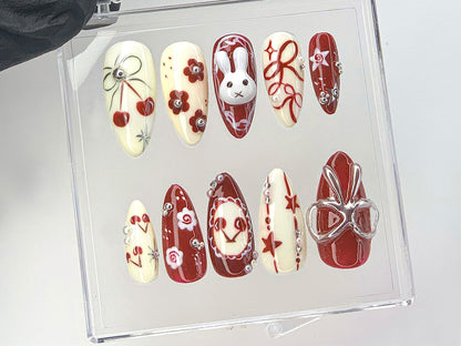 Adorable 3D Bunny Press On Nails | Hand-Painted Kawaii Bunny And Bow Acrylic Nails | Cherry Blossom Nail Art | Cute Kawaii Nails | HD537Y