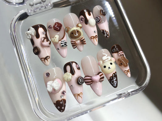 Cute Dessert Press On Nails | 3D Sweets And Bear Designs with Bow Fake Nails | 3D Chocolate, Candy Acrylic Nails | Kawaii Nails | HD549Y