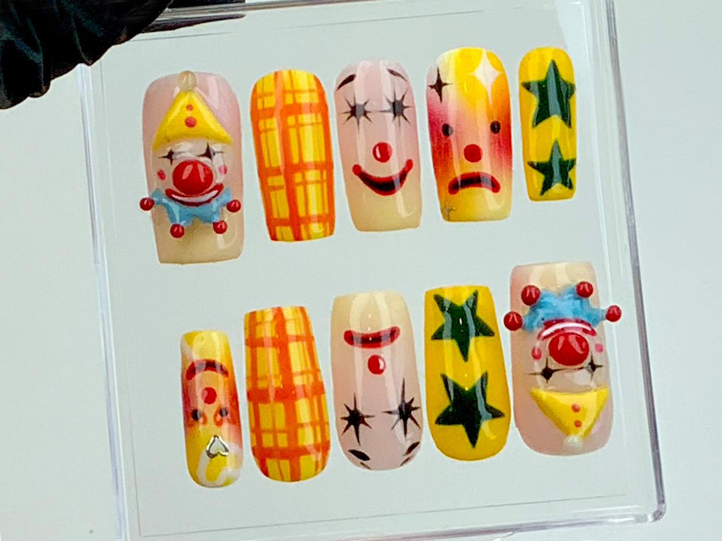 Quirky Clown Faces Press-On Nails | Hand-Painted Circus Nail Art | Fun and Colorful Press Ons | Unique Clown Fake Nails | Halloween | HD585Y