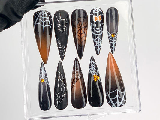 Gothic Halloween Press On Nails | lack Spider And Web Design Acrylic Nails | Spooky Chic Nail Art | Scary Glam Fake Nails | Custom | HD579Y