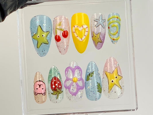 Colorful Kawaii Y2K Press On Nails | 3D Star And Cartoon Designs Acrylic Nails | Fun And Funky Y2K Press Ons |Sparkling Glitter Nails|HD588Y