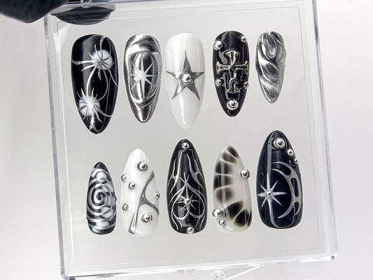 Elegant Gothic Press On Nails | 3D Designs with Cross, Star, Spiral Acrylic Nails | Monochrome Nail Art | Y2k Nails | Custom Nails | HD552YL