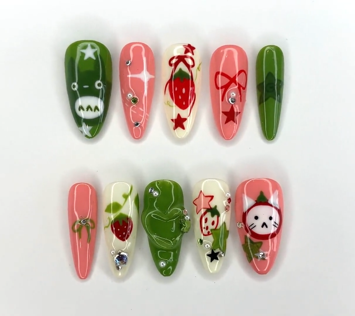 Ghibli Long Almond Press On Nails | Free Style Handpainted Cartoon in Fake Nails | Anime Nails Art | Miffy Nails | Abstract Nails| J284S