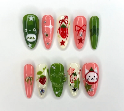 Ghibli Long Almond Press On Nails | Free Style Handpainted Cartoon in Fake Nails | Anime Nails Art | Miffy Nails | Abstract Nails| J284S
