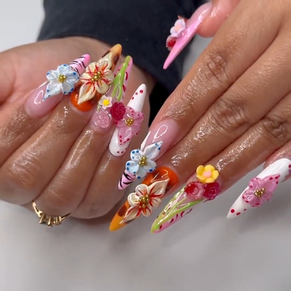 Luxurious 3D Flower Press On Nails | Bespoke Pink Flower Nail Art | Artisan Crafted Acrylic Nails | Jewels and Beads Nail Polish | HB633YK
