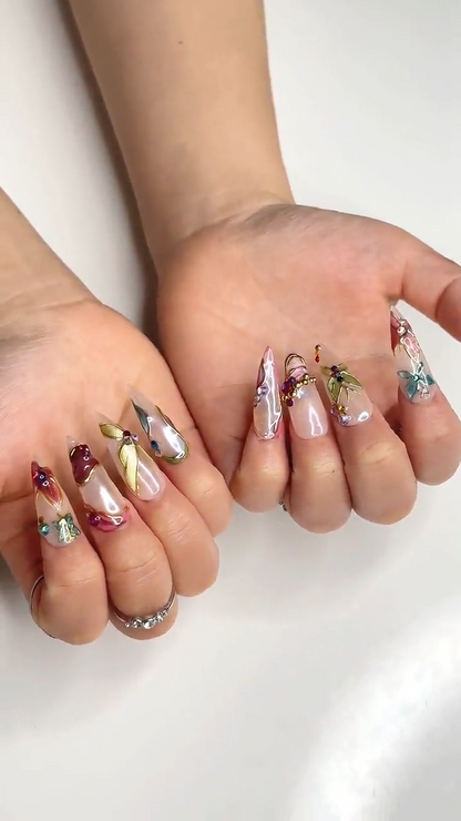 Fairy Butterfly Press On Nails | Sparkly Gold Swirl Crystal Art | Luxury Glazed Pearl Nails | Beautiful Wedding Bridal | OB1359DG