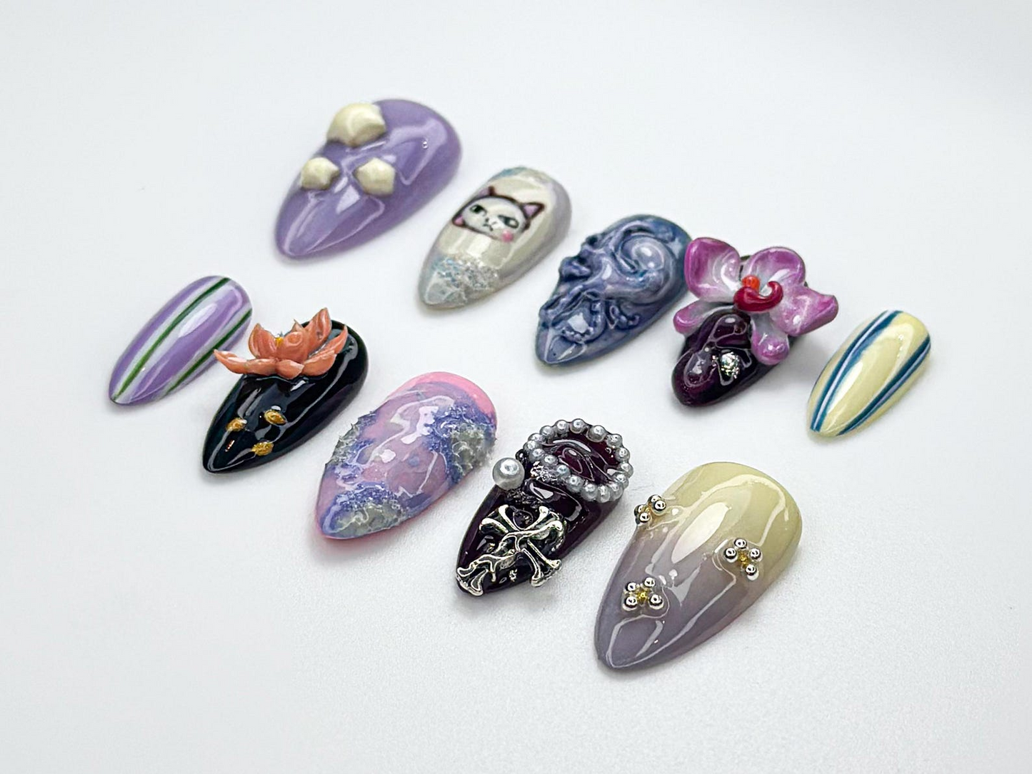 Whimsical Violet Press On Nails | 3D Cat & Orchid Nail Art | Abstract Swirl Gothic Pearl Nails | Handmade Nail Set| Artistic Nails | JB981HC