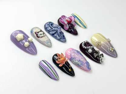 Whimsical Violet Press On Nails | 3D Cat & Orchid Nail Art | Abstract Swirl Gothic Pearl Nails | Handmade Nail Set| Artistic Nails | JB981HC