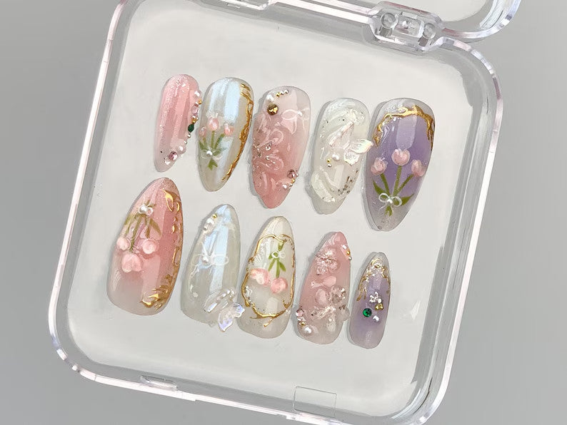 Dreamy Press On Nails Almond | Jelly Pastel Tulip Nail Art | 3D FairyCore Flower Press Ons | Romantic Nail Art in Fake Nails | HD347T