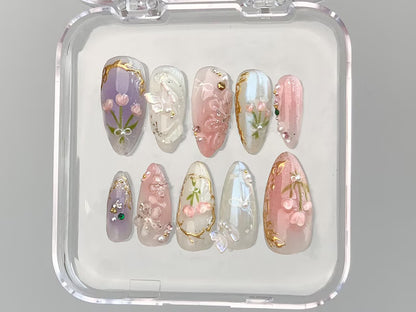 Dreamy Press On Nails Almond | Jelly Pastel Tulip Nail Art | 3D FairyCore Flower Press Ons | Romantic Nail Art in Fake Nails | HD347T