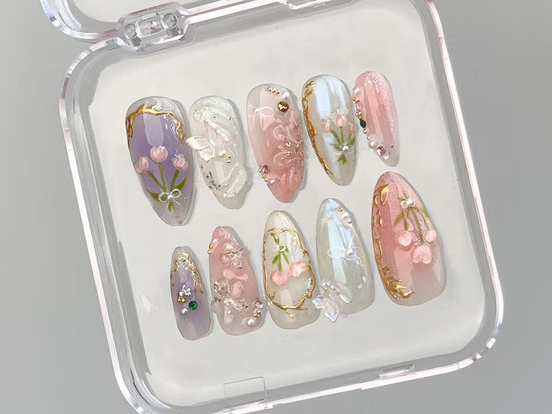 Dreamy Press On Nails Almond | Jelly Pastel Tulip Nail Art | 3D FairyCore Flower Press Ons | Romantic Nail Art in Fake Nails | HD347T