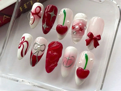 Whimsical Red Cherry Press On Nails | Elegant Bows & Cherries Nail Art | Playful Cherry Fake Nail | Stylish Bow Press Ons | HD489Y