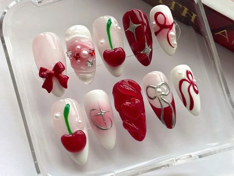 Whimsical Red Cherry Press On Nails | Elegant Bows & Cherries Nail Art | Playful Cherry Fake Nail | Stylish Bow Press Ons | HD489Y