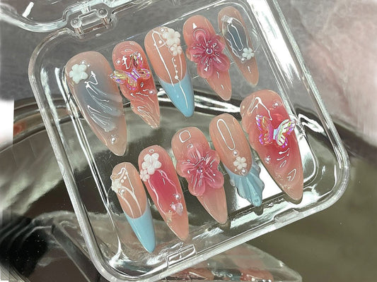 Spring Blossom Press On Nails | Stunning Floral Acrylic | Elegant Floral Nail Charm | Enchanted Garden Nail | Butterfly Whimsy Nail | HD475Y