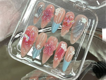 Spring Blossom Press On Nails | Stunning Floral Acrylic | Elegant Floral Nail Charm | Enchanted Garden Nail | Butterfly Whimsy Nail | HD475Y