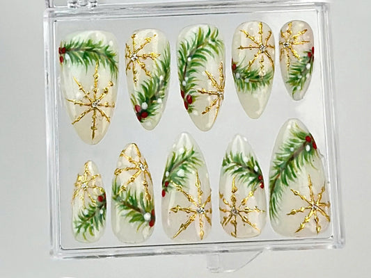 Luxury Christmas Press On Nails | Gold Snowflakes And Pine Accents Fake Nails | Festive Holiday Nail Polish | Seasonal Nail Art | HC650YC