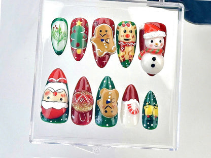 Festive Christmas Press On Nails | Santa And Snowman Fake Nails | Holiday Spirit Nail Art | Cute Gingerbread Acrylic Nails | Winter |HB619YK