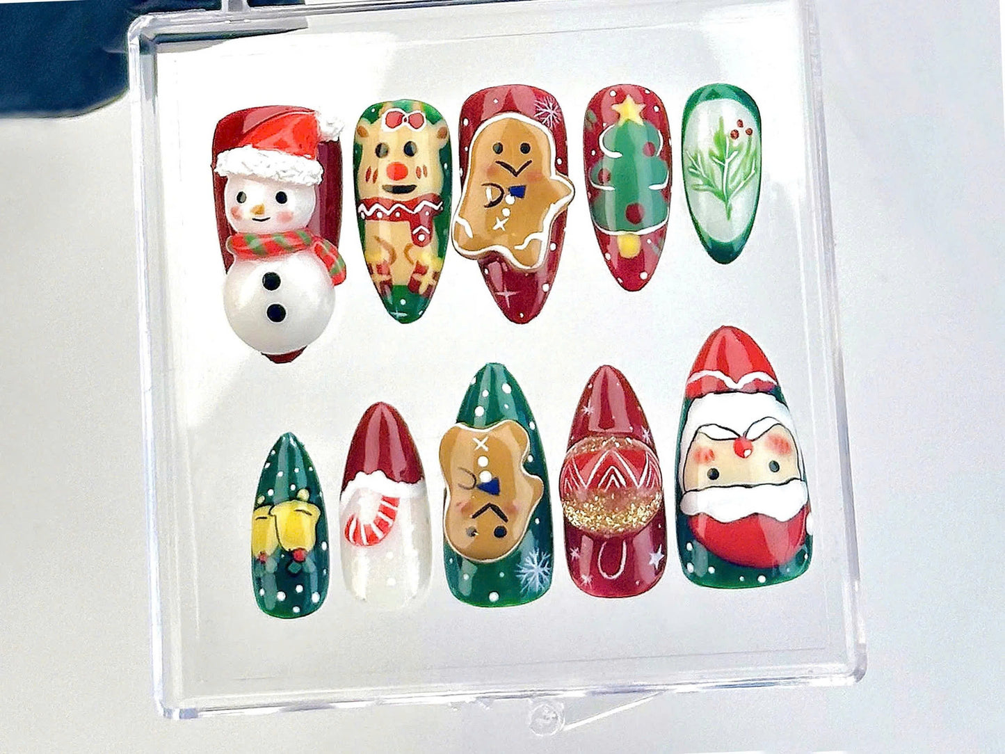 Festive Christmas Press On Nails | Santa And Snowman Fake Nails | Holiday Spirit Nail Art | Cute Gingerbread Acrylic Nails | Winter |HB619YK