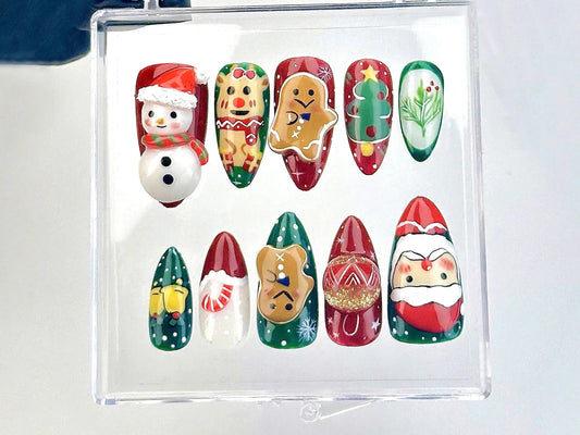 Festive Christmas Press On Nails | Santa And Snowman Fake Nails | Holiday Spirit Nail Art | Cute Gingerbread Acrylic Nails | Winter |HB619YK