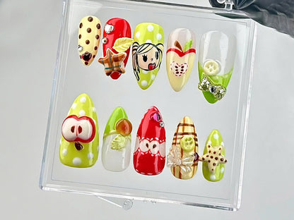 Juicy Fruit Delight Press On Nails | Fruity Fun Acrylic Nails | Watermelon, Strawberry & Apple Designs Press On | Summer Nail Art | HB644YC