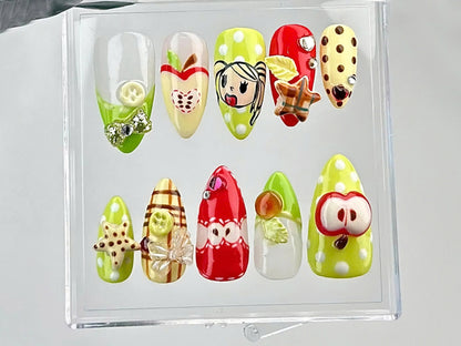 Juicy Fruit Delight Press On Nails | Fruity Fun Acrylic Nails | Watermelon, Strawberry & Apple Designs Press On | Summer Nail Art | HB644YC