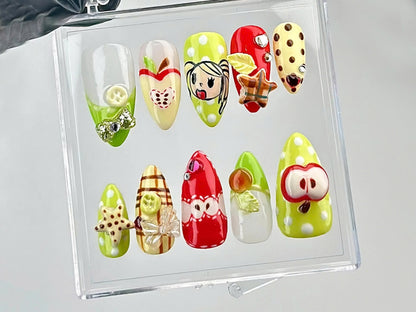 Juicy Fruit Delight Press On Nails | Fruity Fun Acrylic Nails | Watermelon, Strawberry & Apple Designs Press On | Summer Nail Art | HB644YC